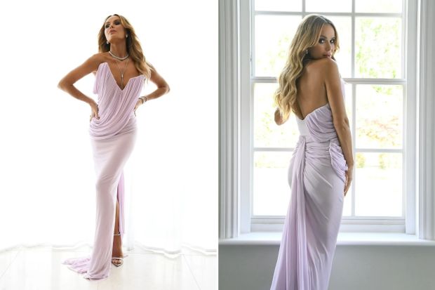 An image collage containing 2 images, Image 1 shows Amanda Holden in a lavender gown at the BGT semi-final, Image 2 shows Amanda Holden in a lavender gown