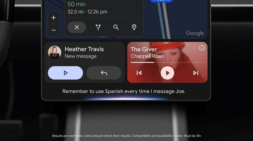 Android Auto interface showing a new message notification and music controls.