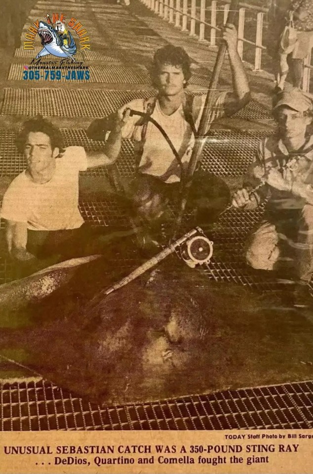 Photo of Captain Mark "The Shark" Quartiano and two others with a large stingray.