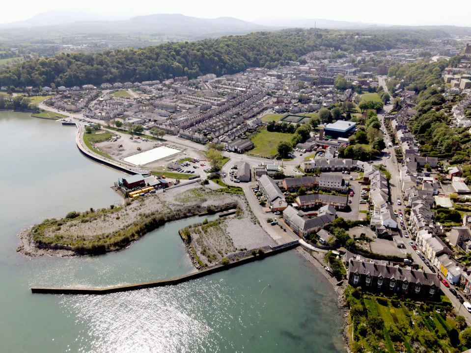 Aerial view of Bangor, Wales harbor and waterfront.
