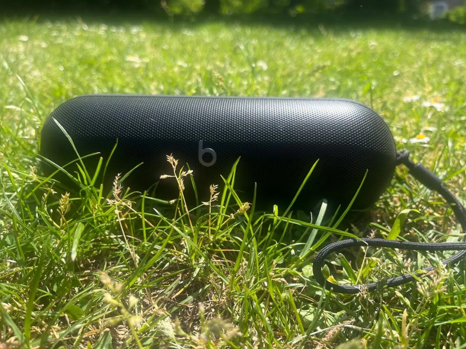 Beats Pill speaker in the grass.