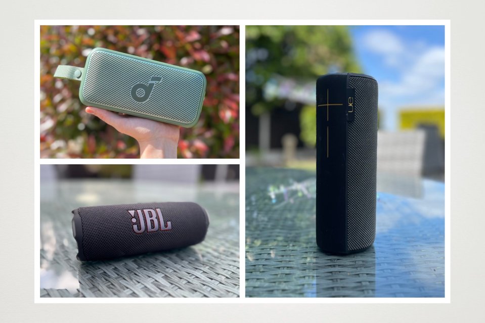 Collage of three Bluetooth speakers.