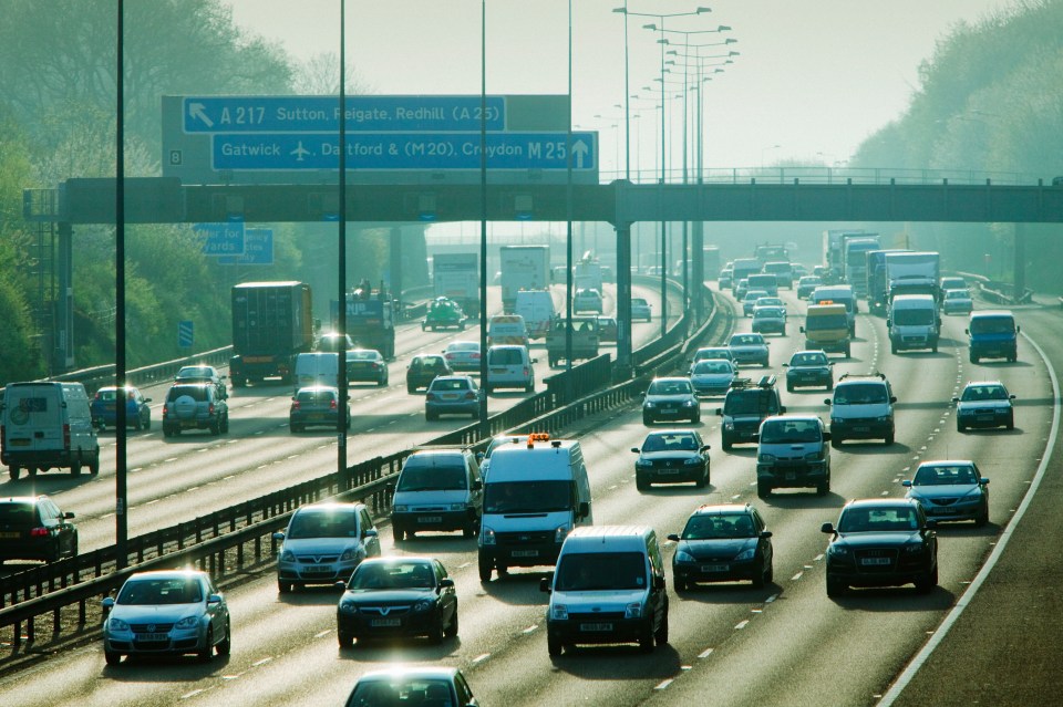 Rush hour traffic on the M25 motorway.
