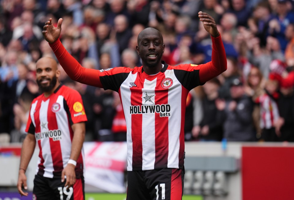 Yoane Wissa of Brentford celebrates scoring a goal.