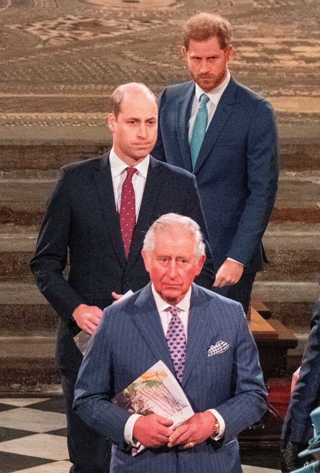 Prince Charles, Prince William, and Prince Harry leaving Westminster Abbey after a Commonwealth Service.