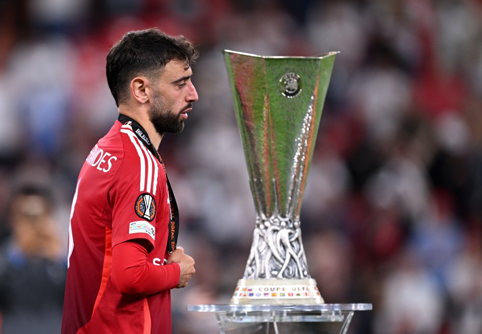 Bruno Fernandes of Manchester United with a runner-up medal after the UEFA Europa League Final.