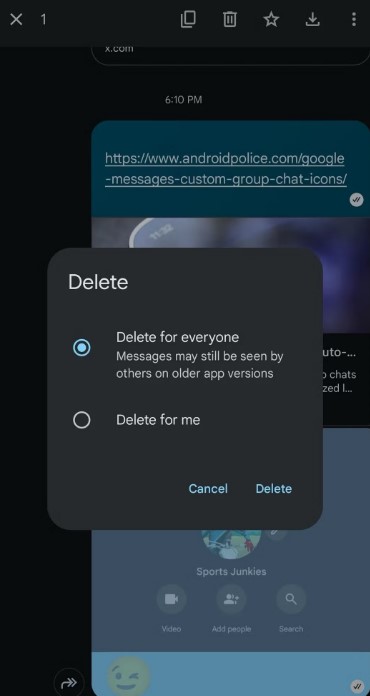 Screenshot of a phone showing options to delete a message for everyone or just for the sender.