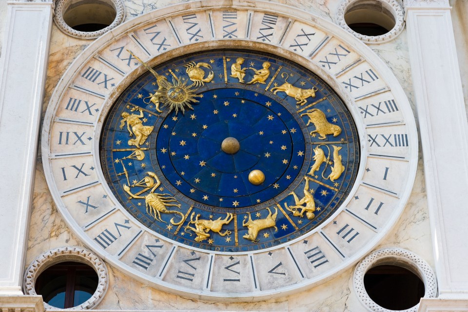 Clock face of the St. Mark's Clock Tower in Venice, showing the zodiac.