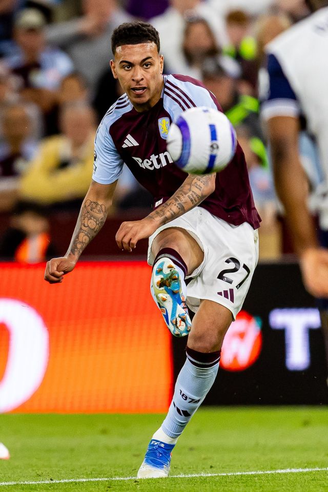 Aston Villa midfielder Morgan Rogers kicking a soccer ball.