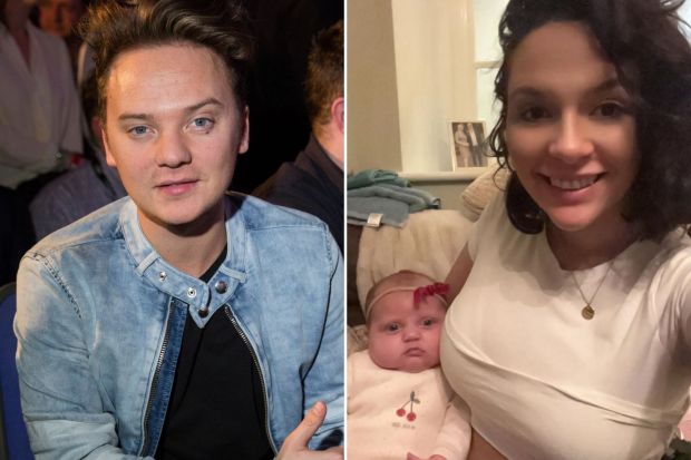 An image collage containing 2 images, Image 1 shows Conor Maynard at the David Haye vs. Tony Bellew fight, Image 2 shows Woman holding a baby