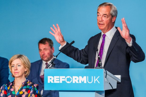 Nigel Farage giving a Reform UK press conference.