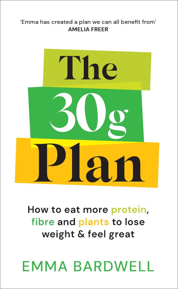 Book cover: The 30g Plan by Emma Bardwell.  How to eat more protein, fiber, and plants to lose weight and feel great.