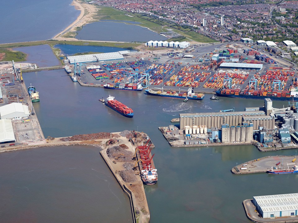 Aerial view of Bootle Docks in Liverpool, Merseyside.