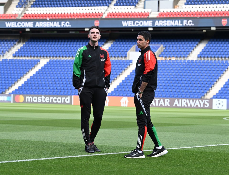 Declan Rice and Mikel Arteta at Arsenal's stadium.