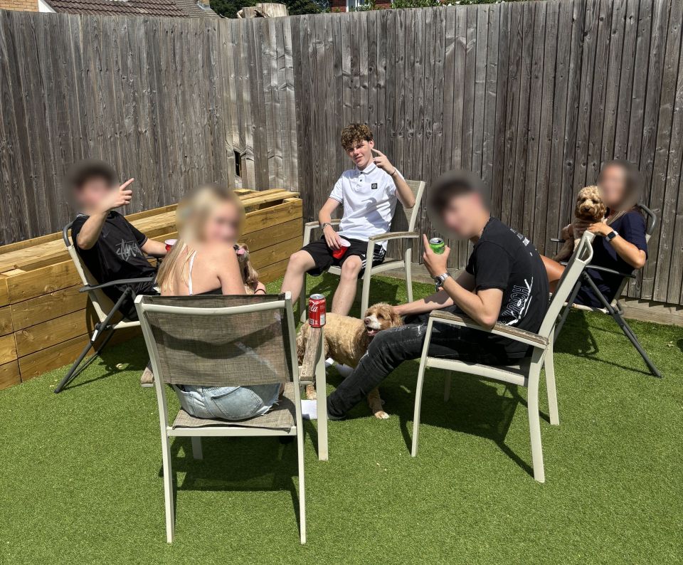 Teenager celebrating his birthday with friends and dogs in a garden.