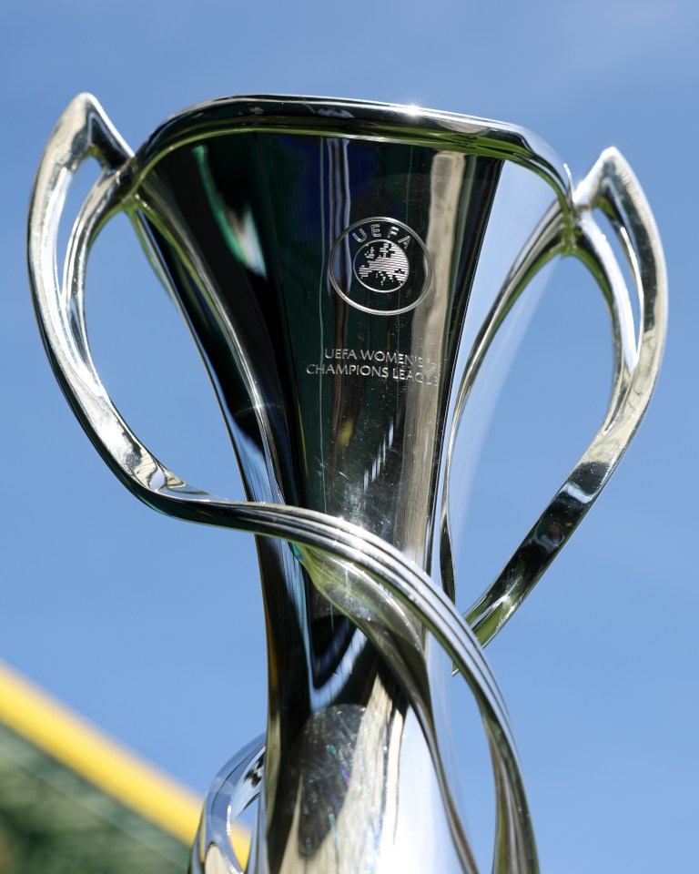 Close-up of the UEFA Women's Champions League trophy.