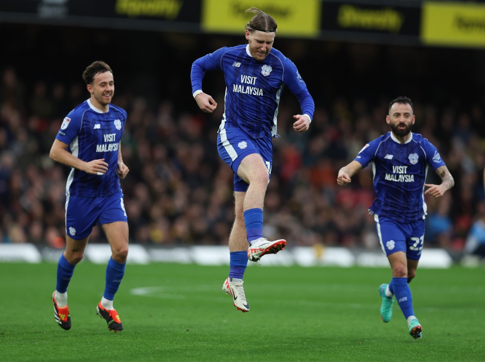 Dimitrios Goutas of Cardiff City celebrating a goal.