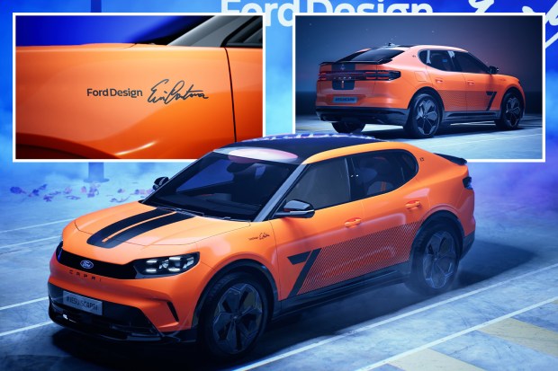 Collage of an orange Ford Capri concept car.