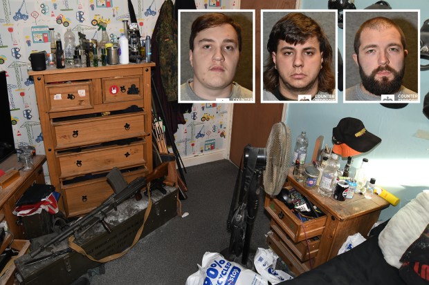 Photo of a bedroom with weapons and three mugshots of suspects.