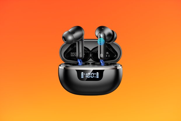 Wireless earbuds charging in case.