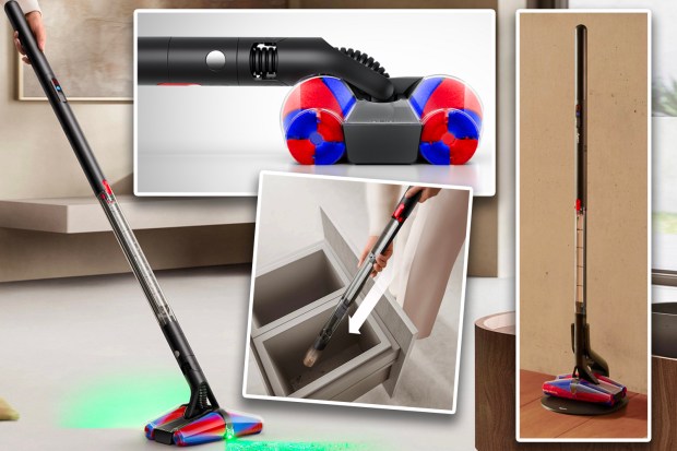 Collage of a Dyson vacuum cleaner in use.