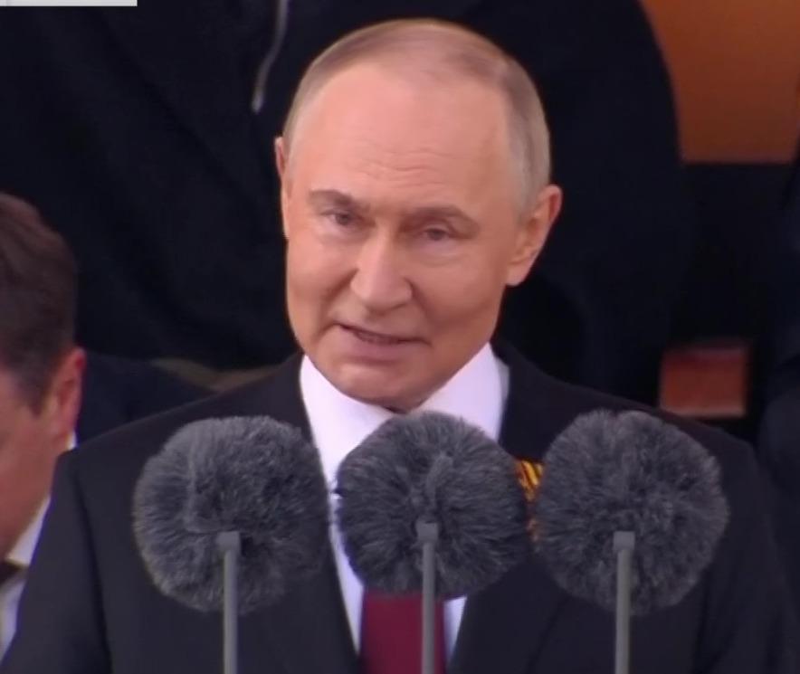 Vladimir Putin speaking at a Victory Day parade in Moscow.