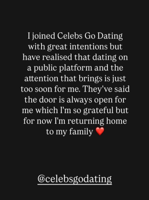 Instagram post announcing departure from Celebs Go Dating.