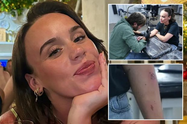 An image collage containing 3 images, Image 1 shows Woman smiling and holding a glass of wine in a restaurant, Image 2 shows A tattoo artist applying a tattoo to a woman's arm, Image 3 shows Person showing off small new tattoos on their forearm