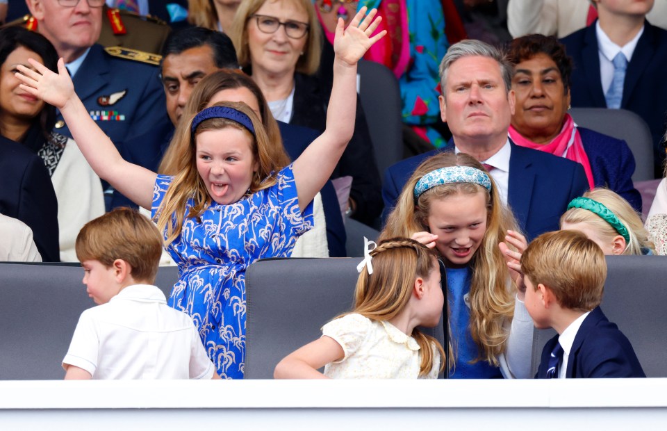 Prince Louis, Princess Charlotte, Mia Tindall, Savannah Phillips, and Prince George at the Platinum Jubilee Pageant.