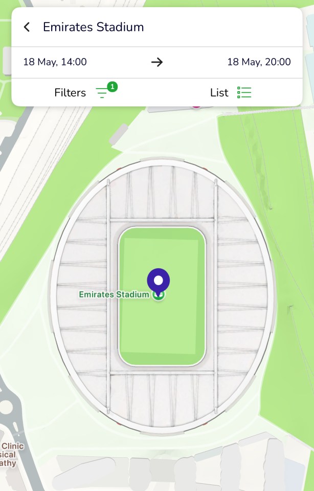 Map showing Emirates Stadium location.