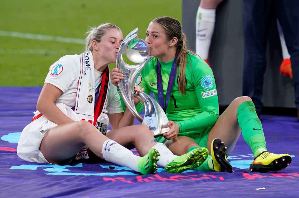 Alessia Russo and Mary Earps celebrating with the UEFA Women's Euro trophy.