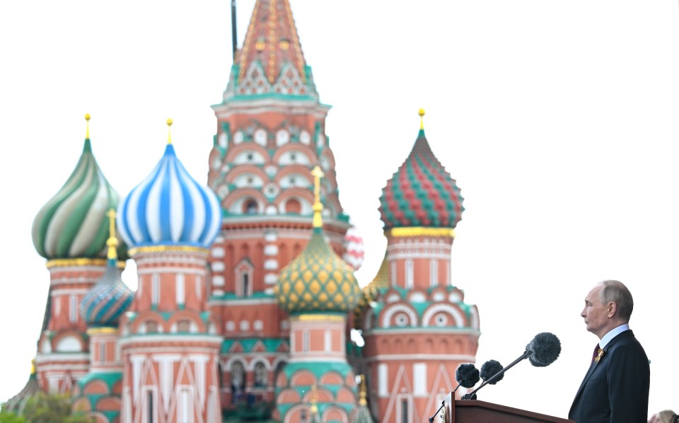 Vladimir Putin giving a speech in Red Square, Moscow.
