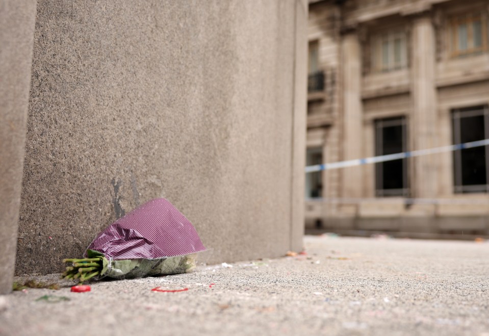 Flowers left at the scene of a car accident.