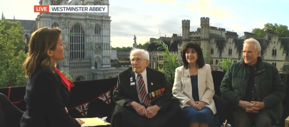 Good Morning Britain interview with WWII Royal Navy veteran Thomas Cuthbert outside Westminster Abbey.
