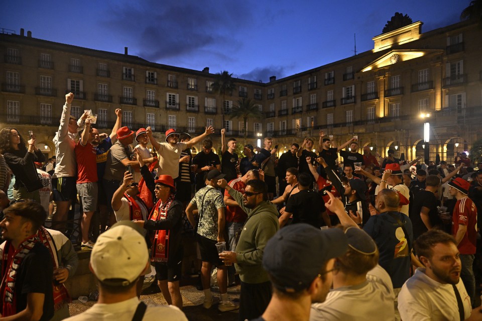 Tottenham Hotspur fans celebrating in Bilbao.