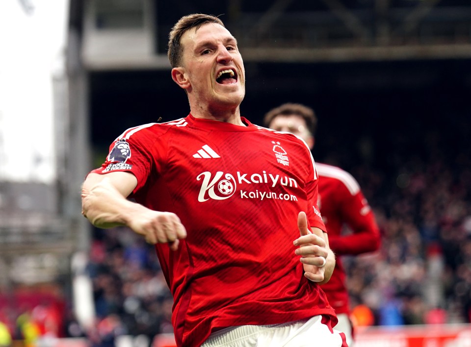 Chris Wood of Nottingham Forest celebrating a goal.