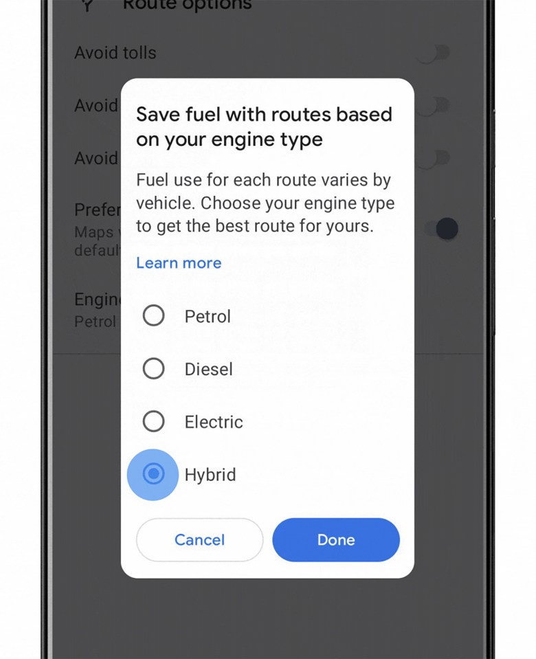 Smartphone screen showing fuel-saving route options based on engine type (petrol, diesel, electric, hybrid).