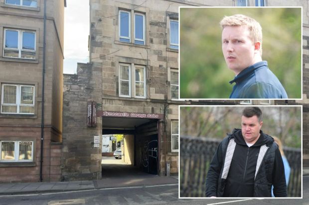An image collage containing 3 images, Image 1 shows Tynecastle Garage Sales entrance in a stone building, Image 2 shows Photo of Mark Richardson, a drug dealer, Image 3 shows Steven "Bonzo" Daniel, a member of the Daniel crime clan, walking outside