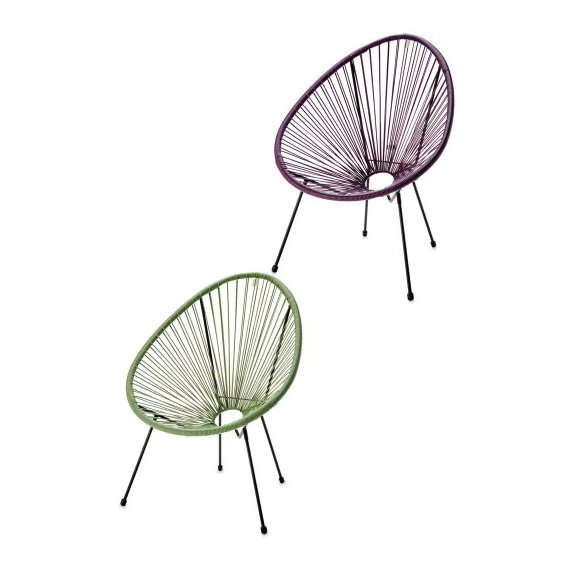 Two string chairs in purple and green.