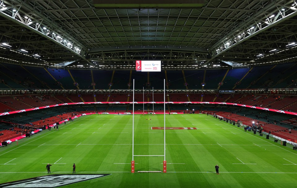 Empty rugby stadium before a match.