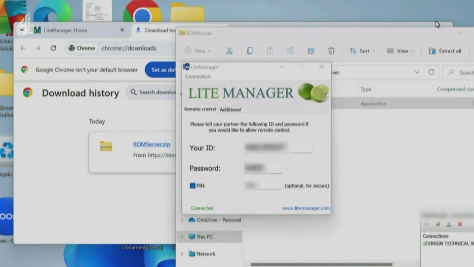 Screenshot of a computer screen showing a LiteManager connection request.
