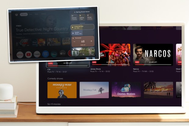 Google TV interface showing streaming options and smart home controls.
