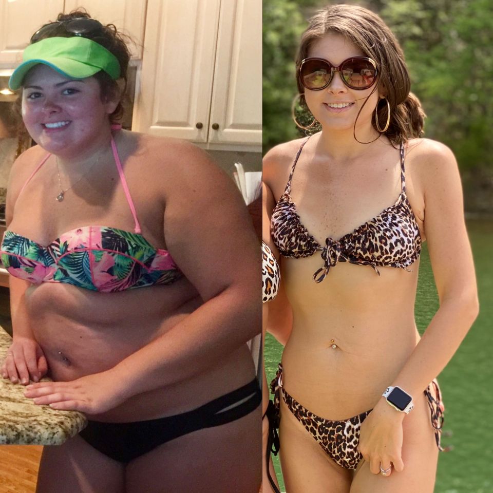 Before and after photos of a woman's weight loss.