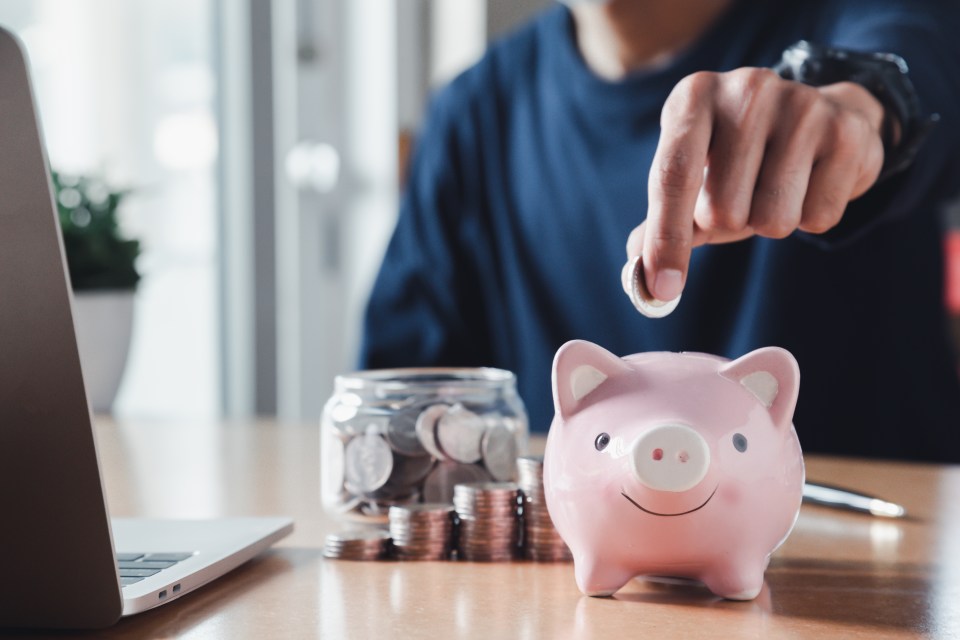 Person putting coins into a piggy bank.