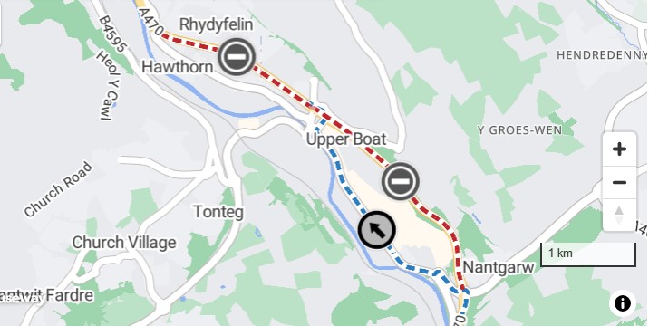 Map showing traffic alerts on the M4 near Wenallt Road Overbridge.