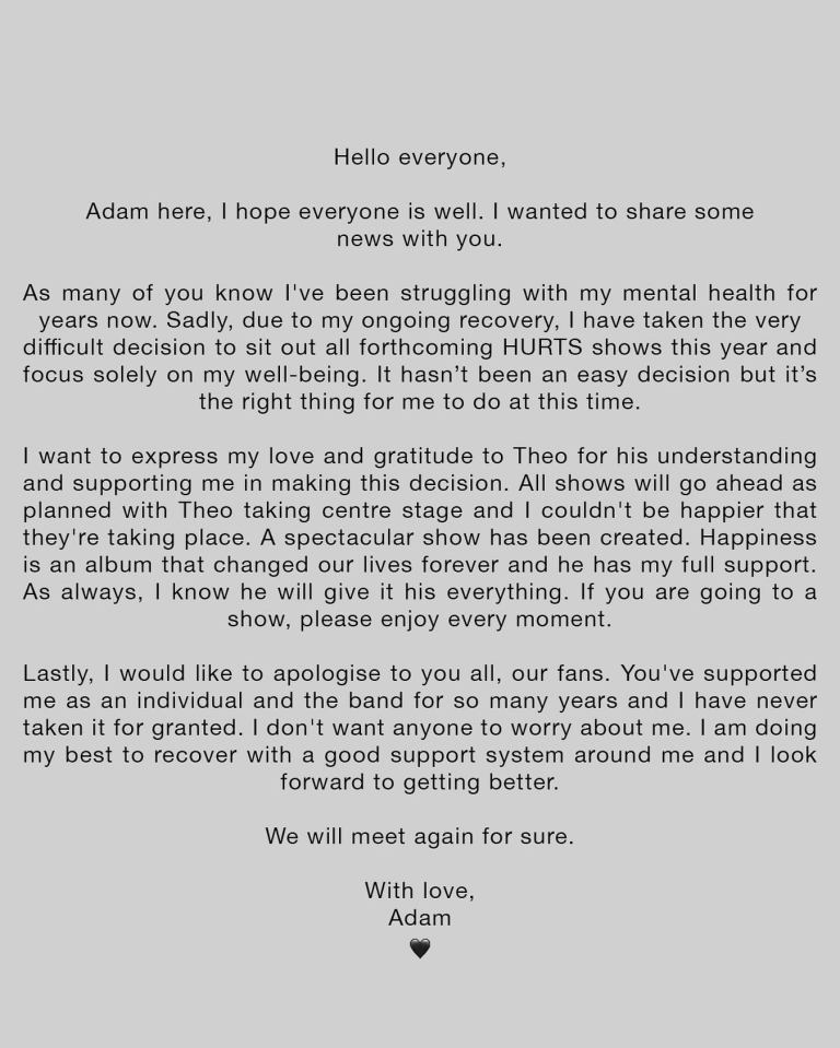 Adam Anderson of Hurts announces he will sit out upcoming shows to focus on his mental health.