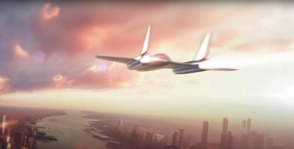 Illustration of a hypersonic jet flying over a city.
