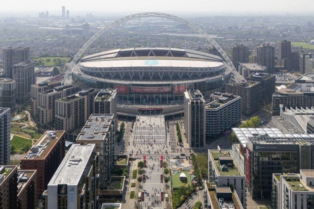 Aerial view of Wembley Stadium and surrounding area.