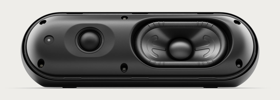 Black wireless speaker with two speakers.