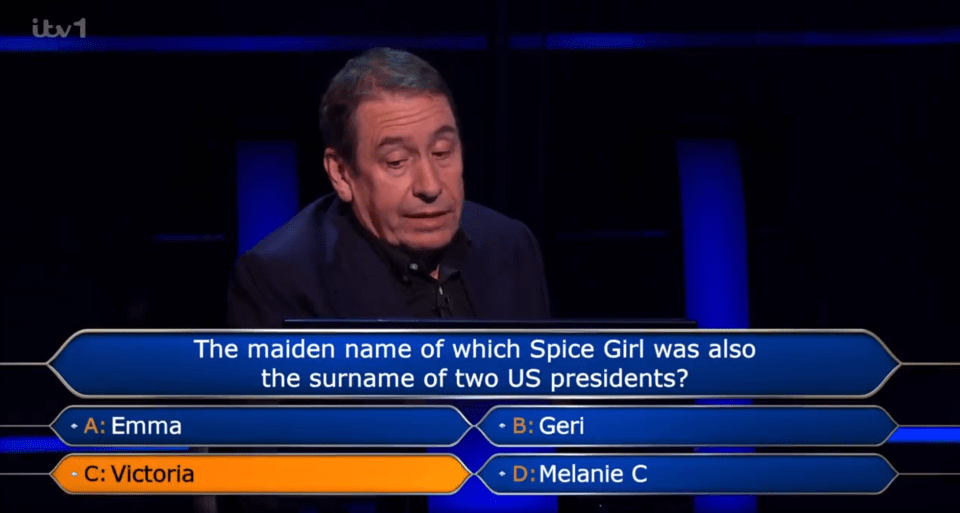 Contestant considering answers to a question about Spice Girls and US presidents.